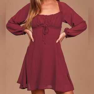Lulu's Lovely Day Wine Red Chiffon Long Sleeve Mini Dress